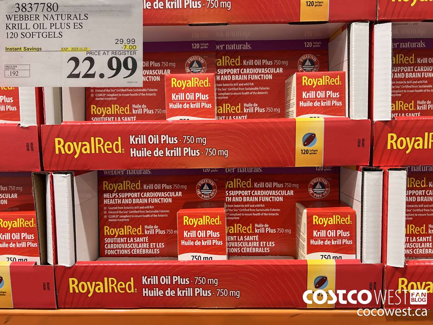 3837780 ROYAL RED KRILL OIL PLUS 750MG 120 SOFTGELS ($7.00 INSTANT SAVINGS EXPIRES ON 2025-11-23) $22.99