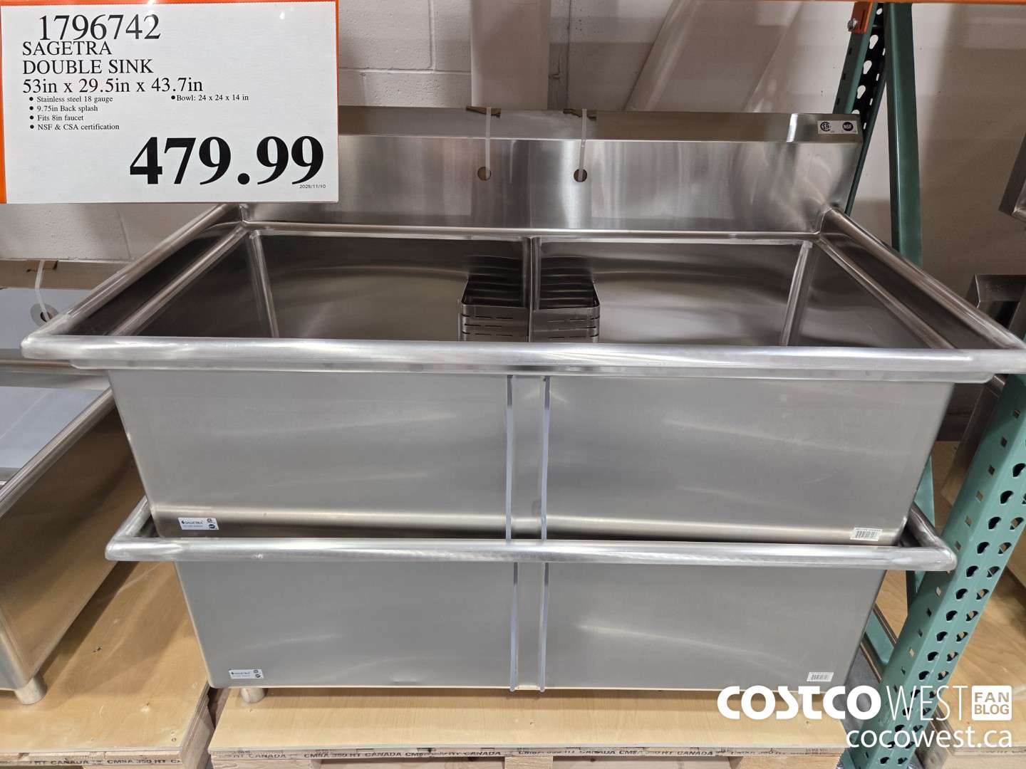 1796742 SAGETRA DOUBLE SINK 53in x 29.5 in X 43.7in $479.99