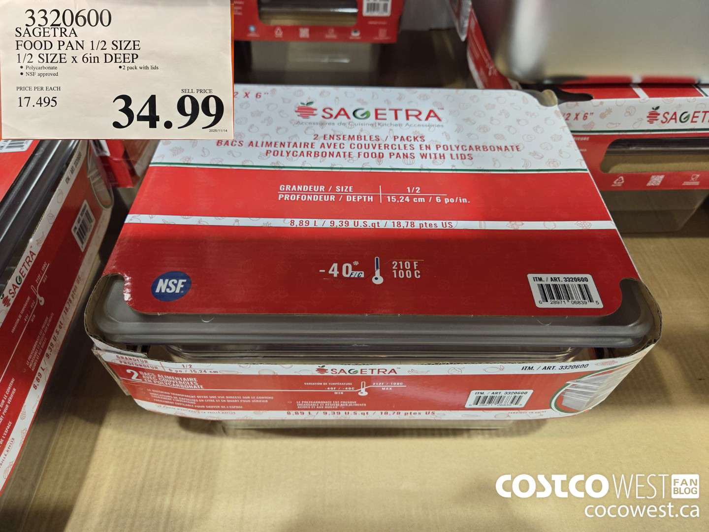 3320600 SAGETRA FOOD PAN 1/2 SIZE 1/2 SIZE x 6in DEEP $34.99