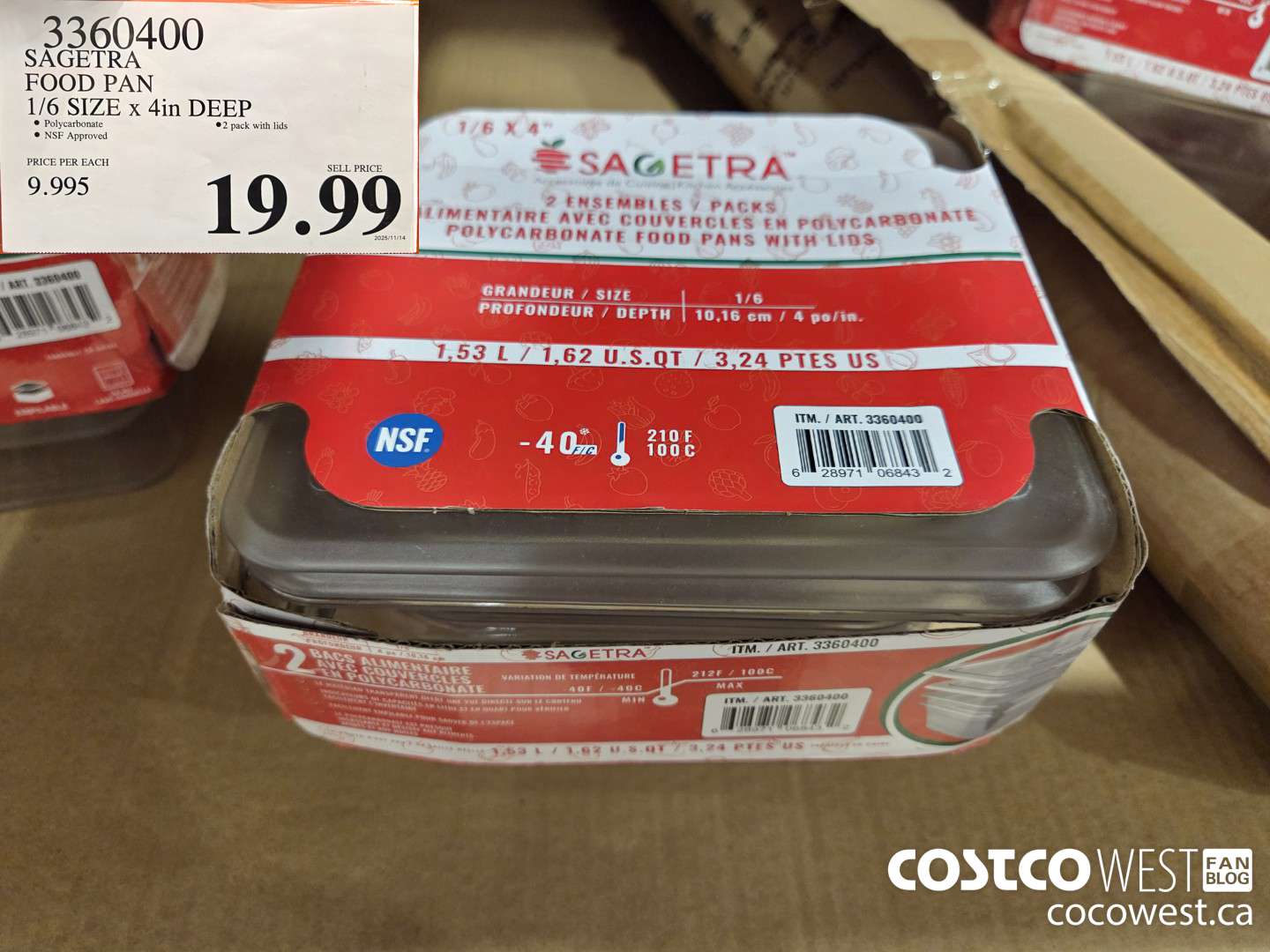3360400 SAGETRA FOOD PAN 1/6 SIZE x 4in DEEP $19.99