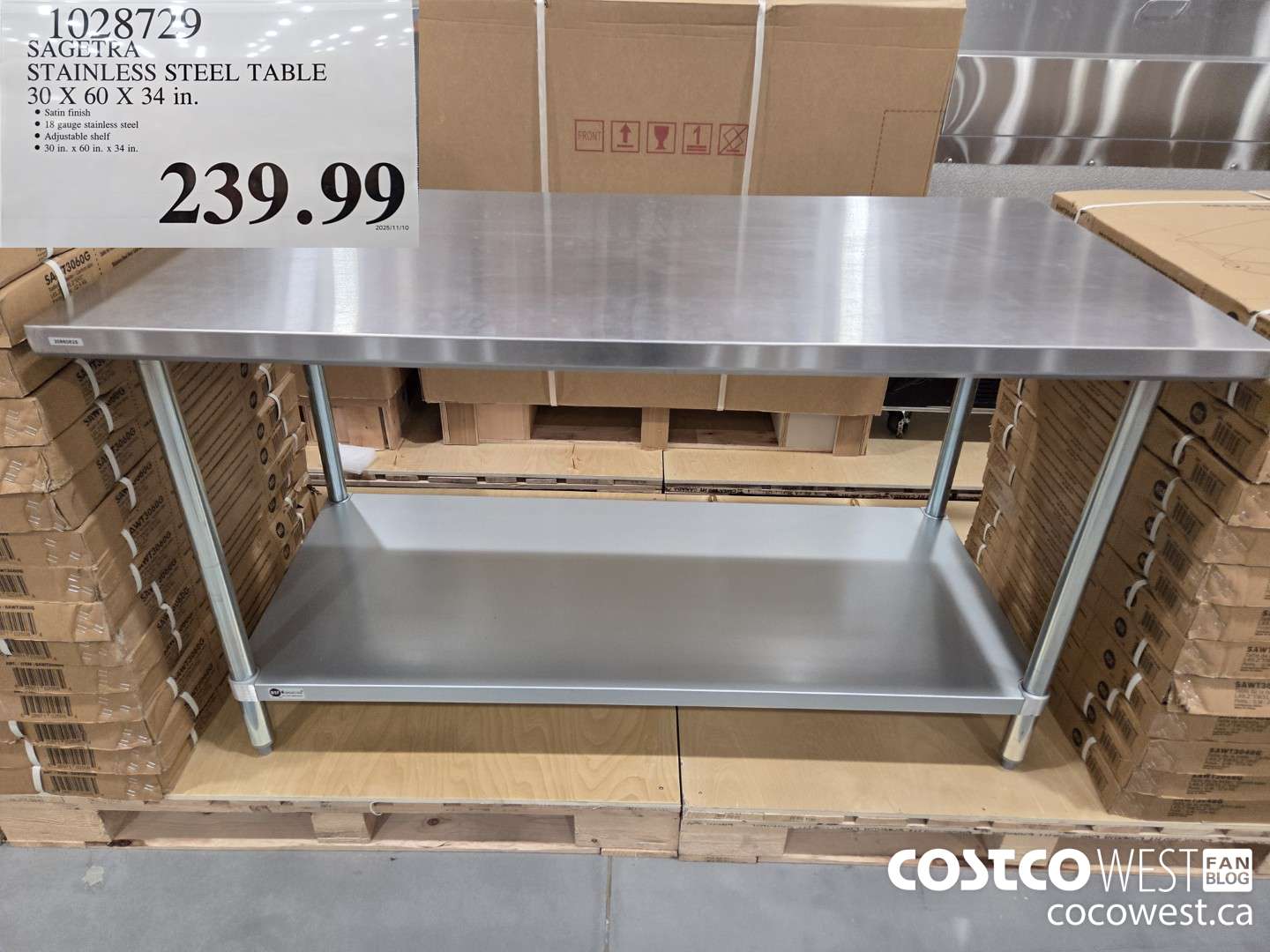 1028729 SAGETRA STAINLESS STEEL TABLE 30 X 60 X 34 in. $239.99