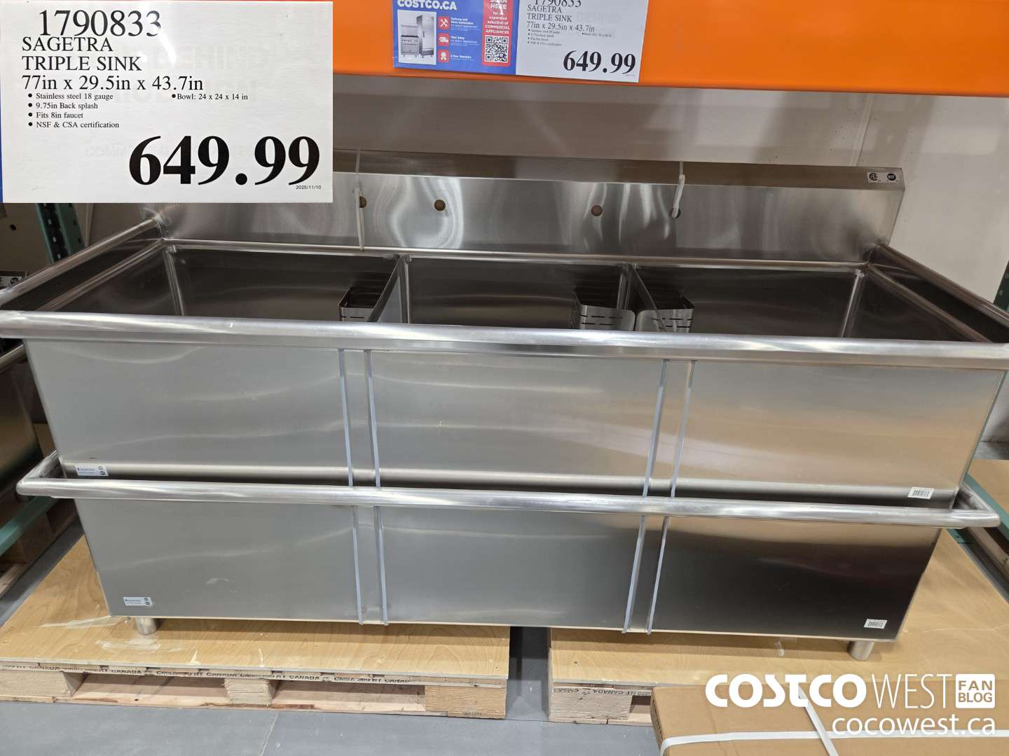 1790833 SAGETRA TRIPLE SINK 77in x 29.5in x 43.7in $649.99