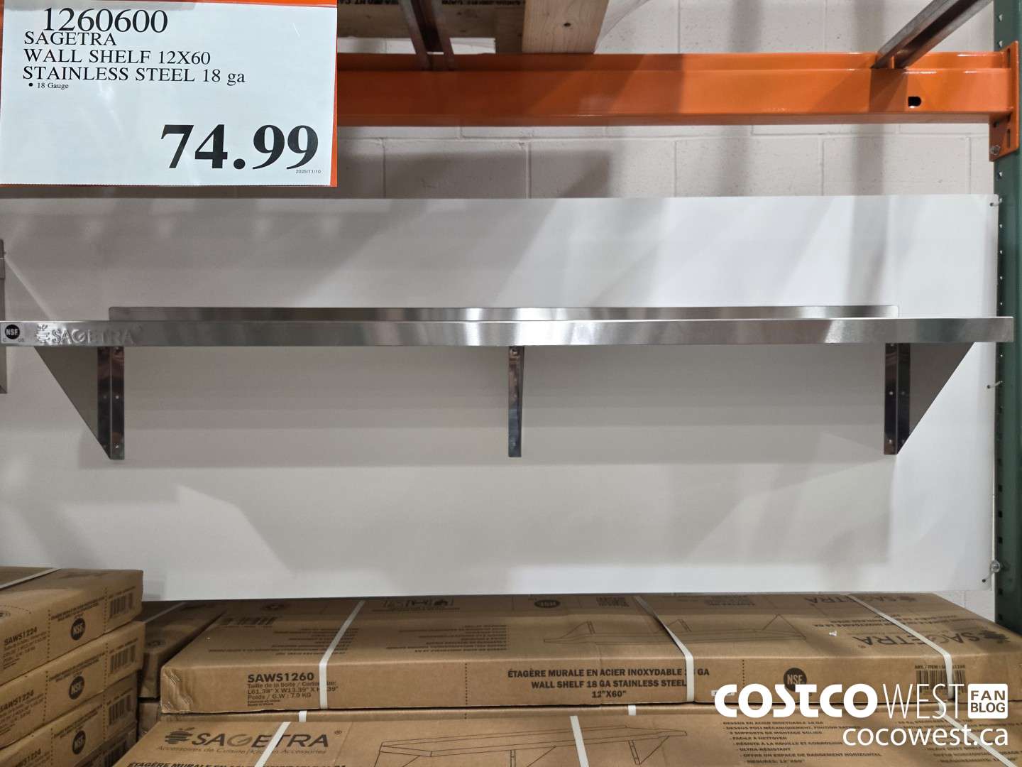 1260600 SAGETRA WALL SHELF 12X60 STAINLESS STEEL 18 ga  $74.99