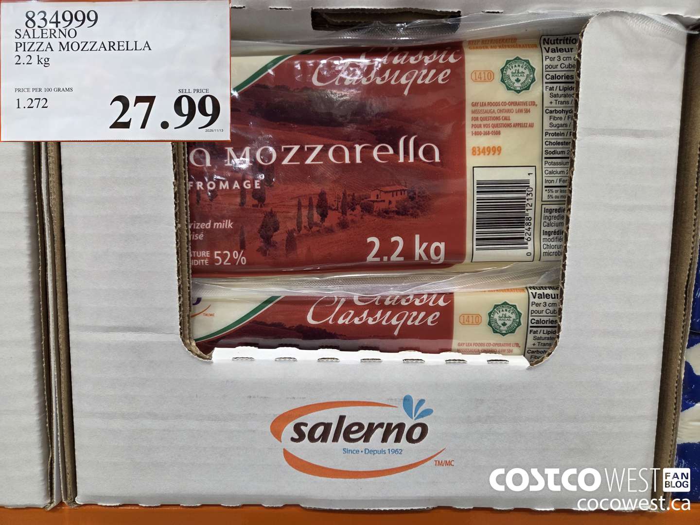 834999 SALERNO PIZZA MOZZARELLA 2.2 kg $27.99