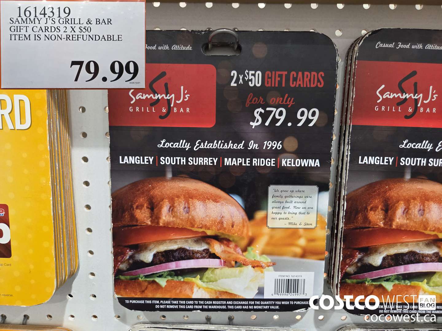 1614319 SAMMY J'S GRILL & BAR GIFT CARDS 2 x $50  $79.99