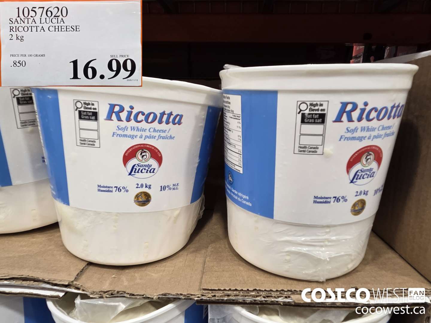 1057620 SANTA LUCIA RICOTTA CHEESE 2 kg $16.99