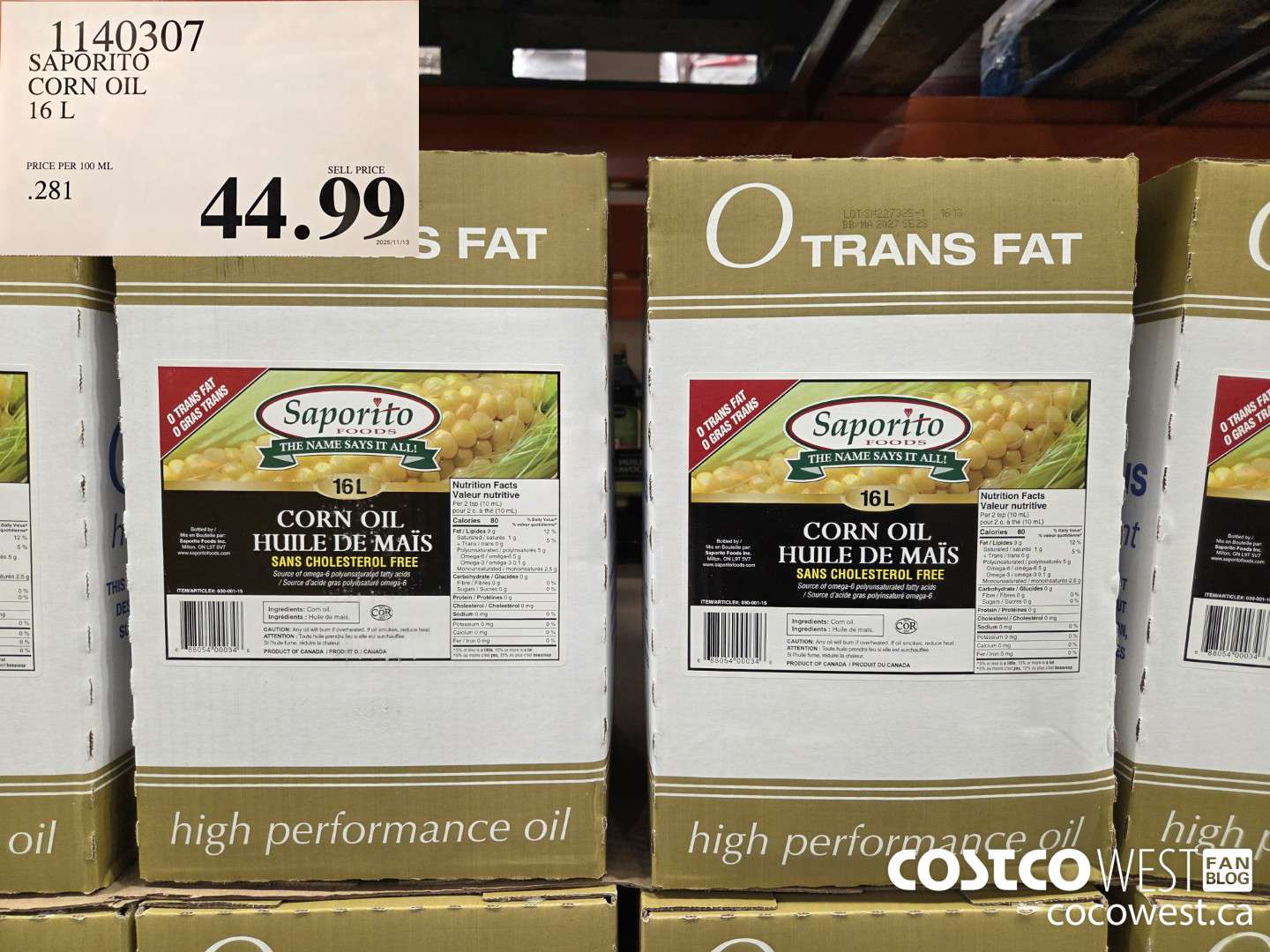 1140307 SAPORITO CORN OIL 16 L $44.99