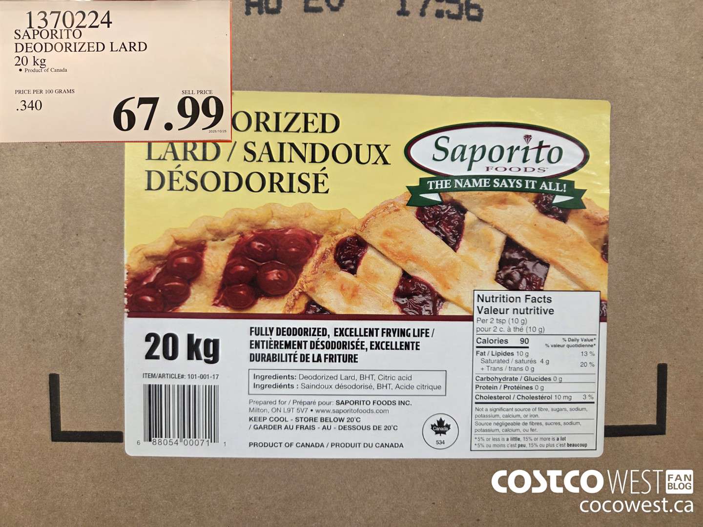 1370224 SAPORITO DEODORIZED LARD 20 kg $67.99