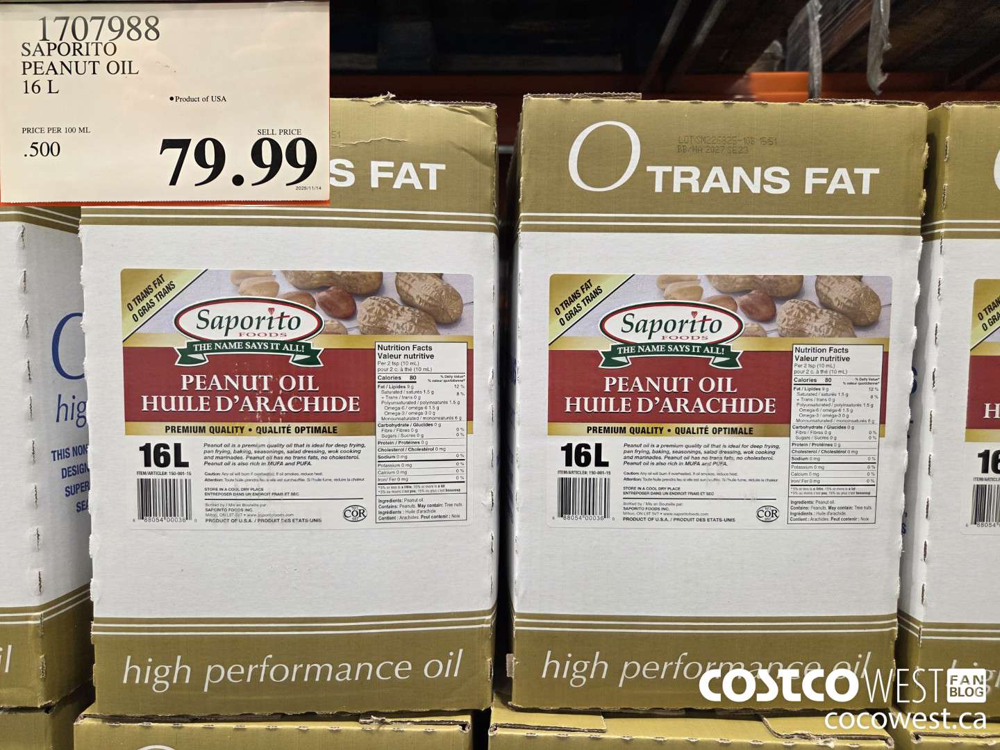 1707988 SAPORITO PEANUT OIL 16 L $79.99