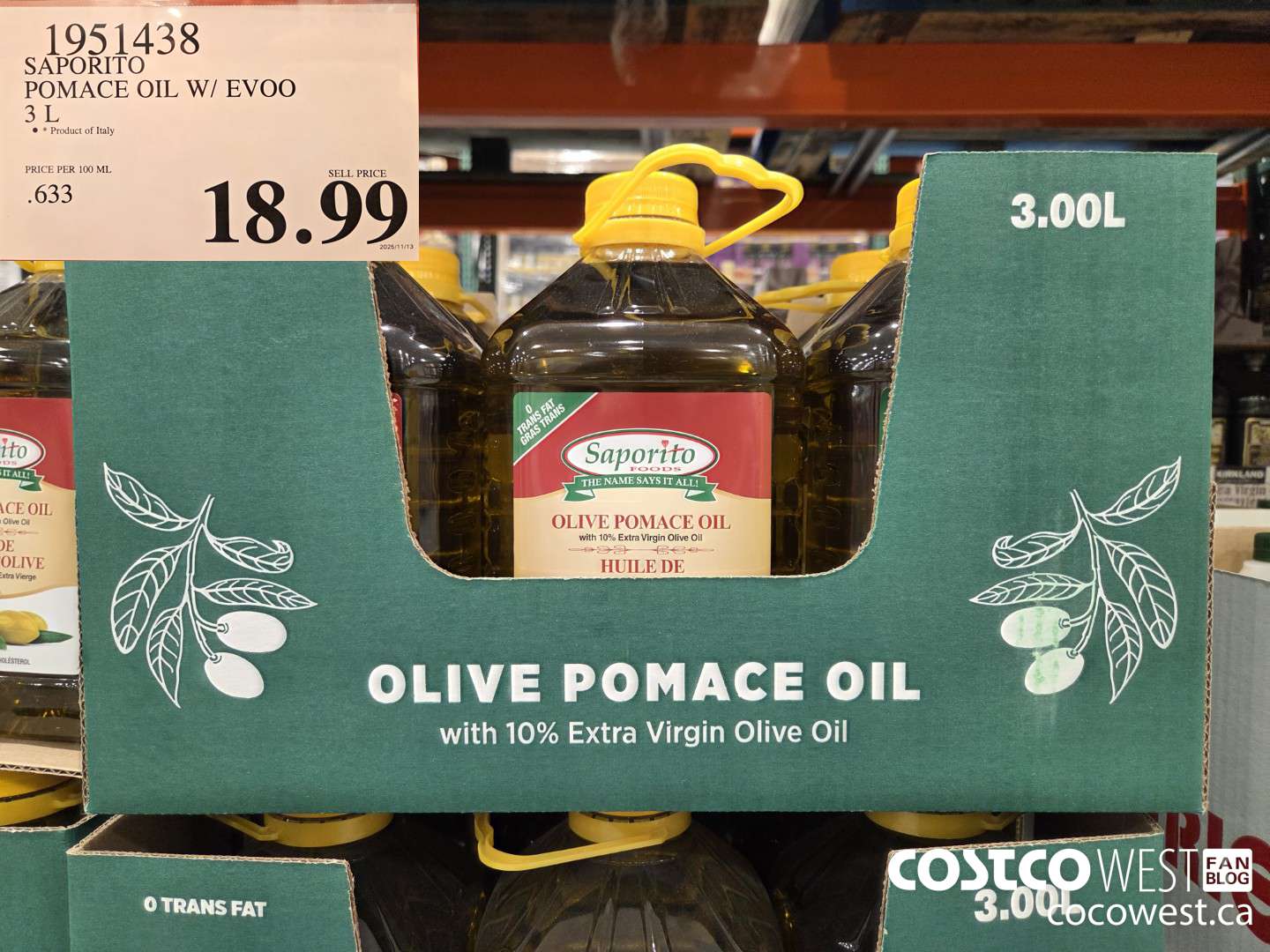 1951438 SAPORIT POMACE OIL W/ EVOO 3 L $18.99