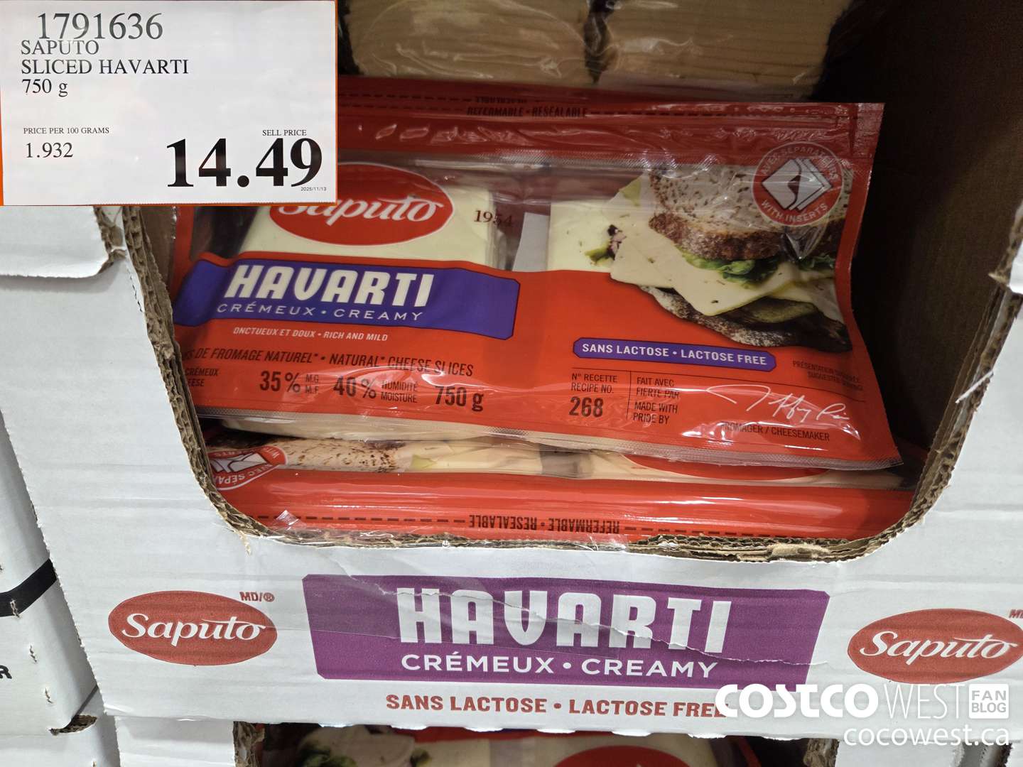 1791636 SAPUTO HAVARTI SLICES 750G $14.49