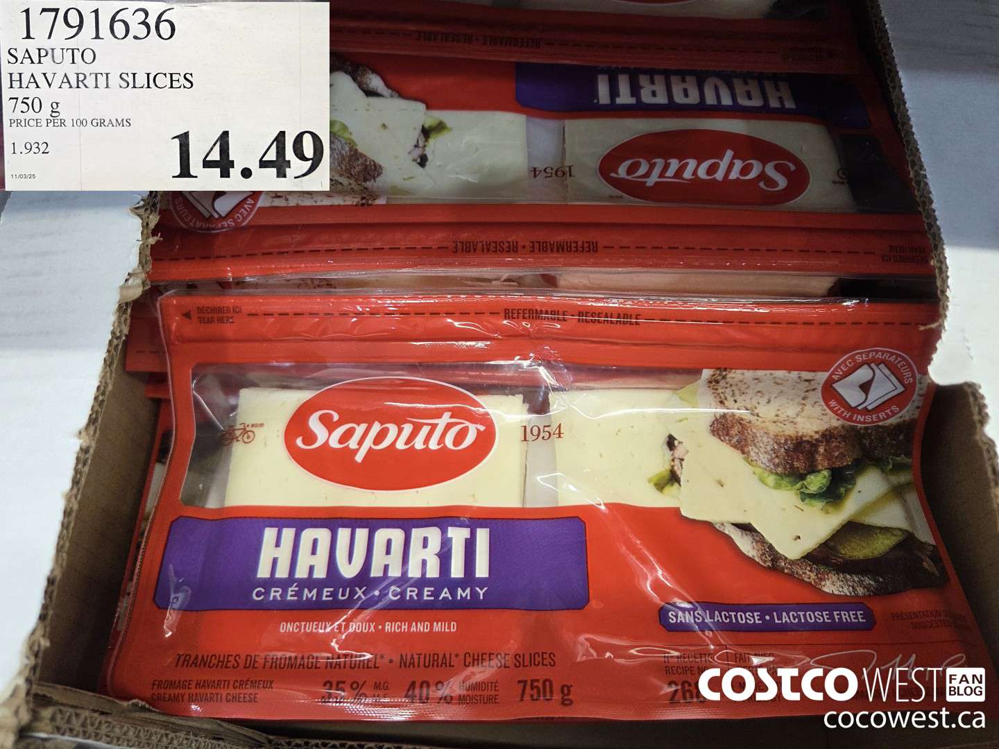 1791636 SAPUTO HAVARTI SLICES 750G $14.49