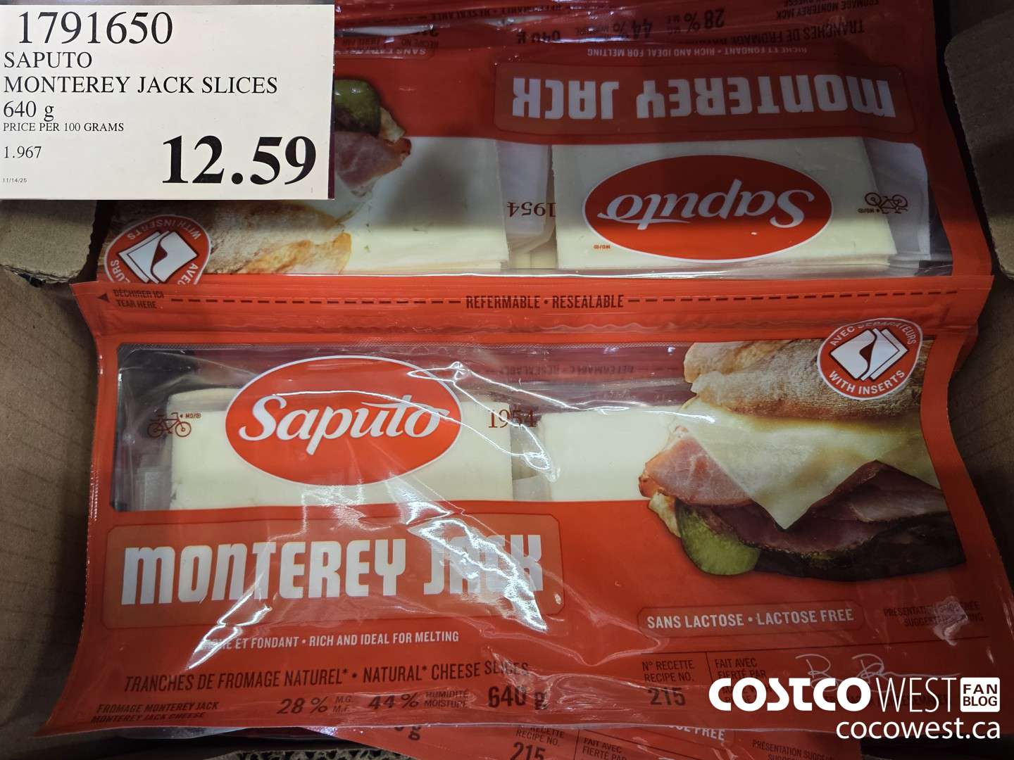 1791650 SAPUTO MONTEREY JACK SLICES 640G $12.59