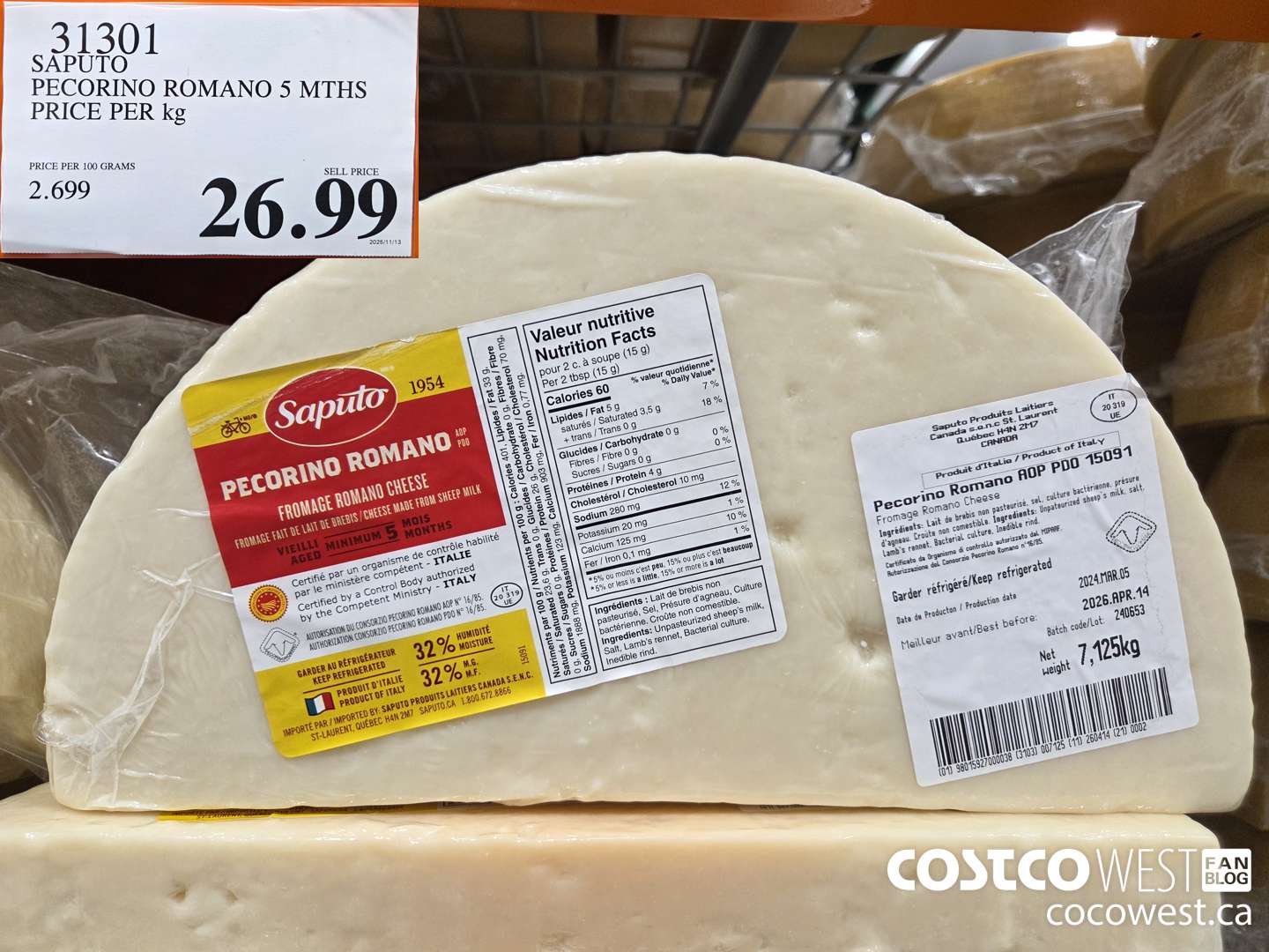 31301 SAPUTO PECORINO ROMANO 5 MTHS PRICE PER kg $26.99