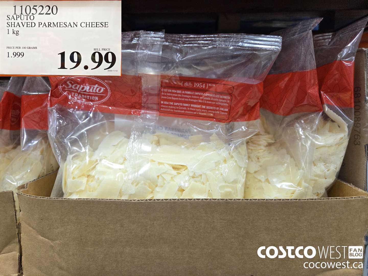 1105220 SAPUTO SHAVED PARMESAN CHEESE 1 kg $19.99