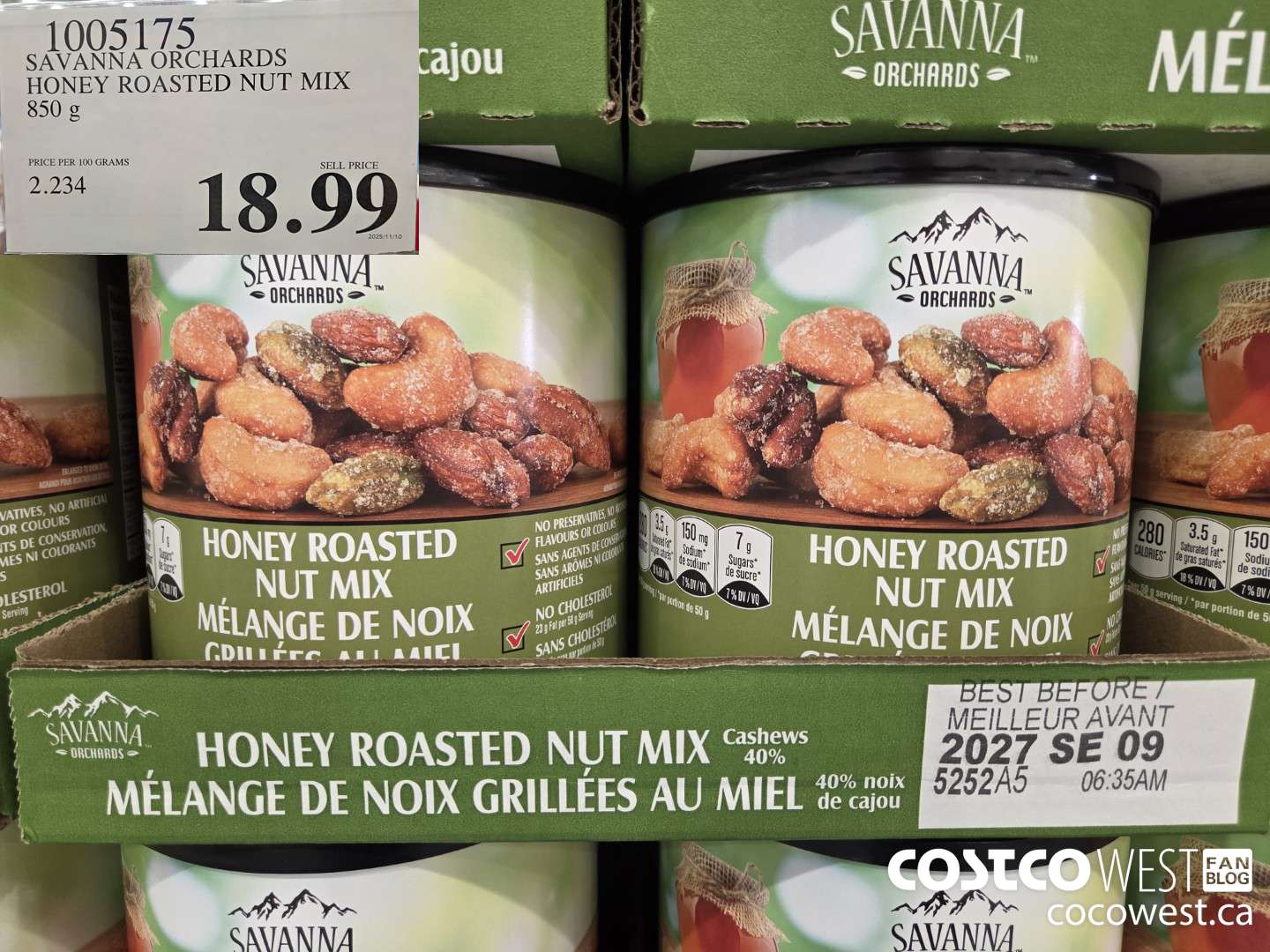 1005175 SAVANNA ORCHARDS HONEY-ROASTED NUT MIX 850 G $18.99