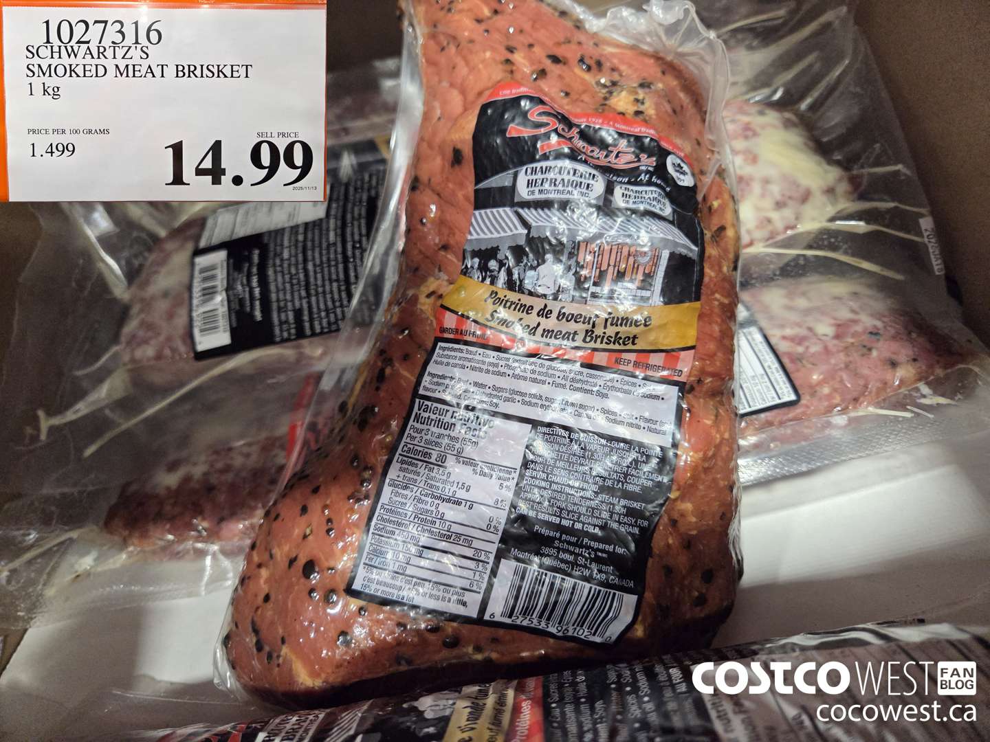 1027316 SCHWARTZ'S SMOKED MEAT BRISKET 1 kg $14.99