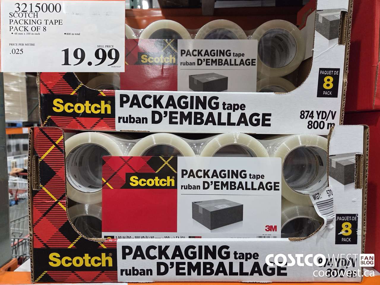 3215000 SCOTCH PACKING TAPE PACK OF 8 $19.99