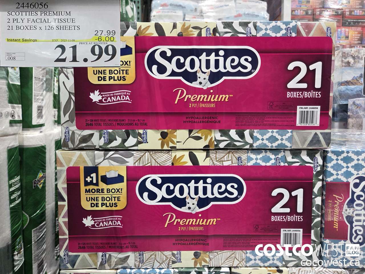 2446056 SCOTTIES PREMIUM 2 PLY FACIAL TISSUE 21 BOXES X 126 SHEETS ($6.00 INSTANT SAVINGS EXPIRES ON 2025-11-09) $21.99