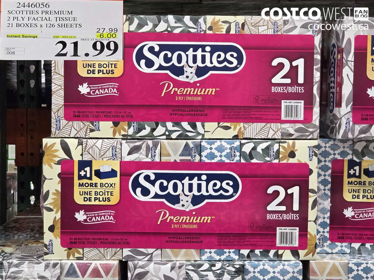 2446056 SCOTTIES PREMIUM 2 PLY FACIAL TISSUE 21 BOXES X 126 SHEETS ($6.00 INSTANT SAVINGS EXPIRES ON 2025-12-21) $21.99