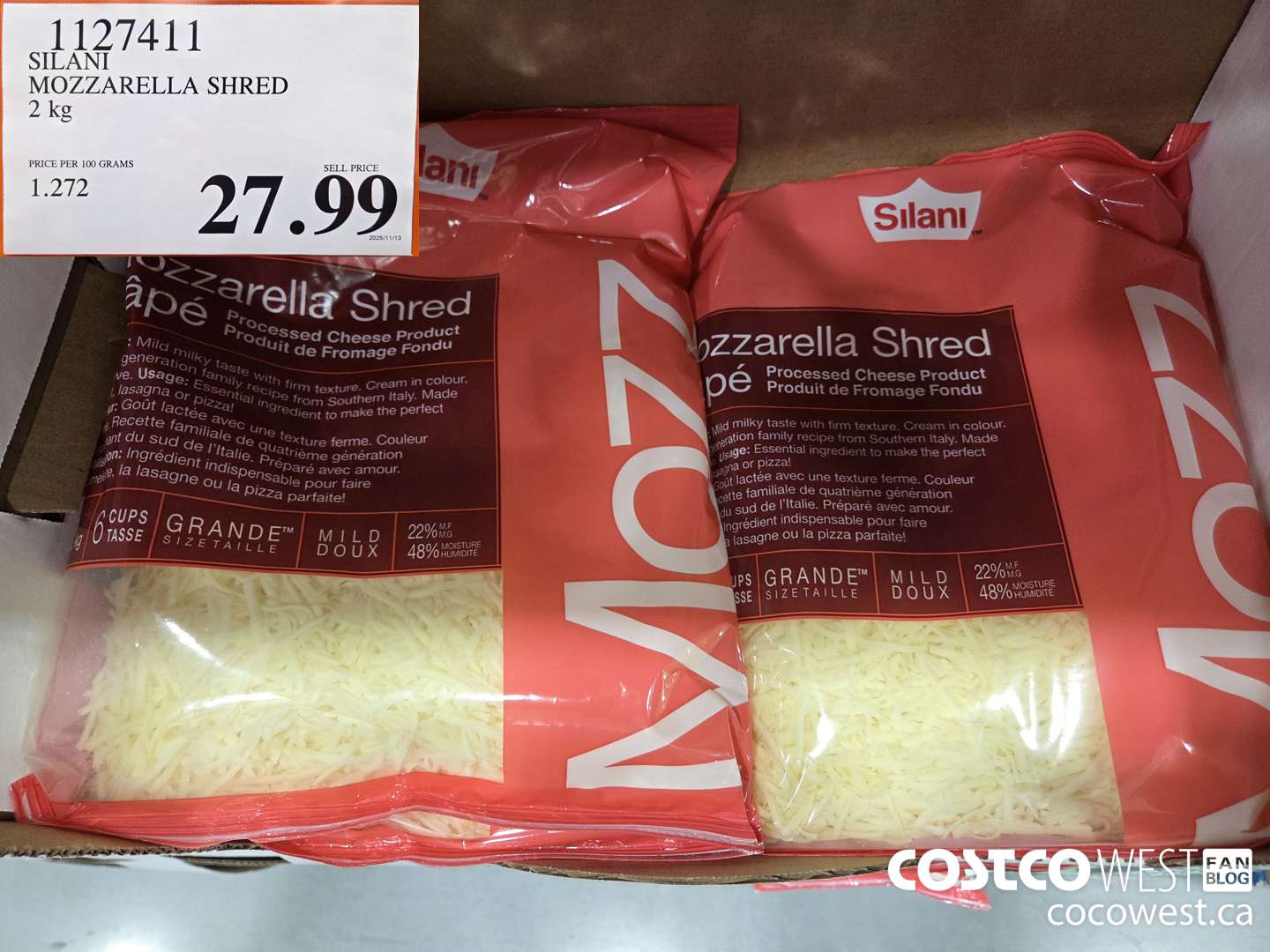 1127411 SILANI MOZZARELLA SHRED 2 kg $27.99