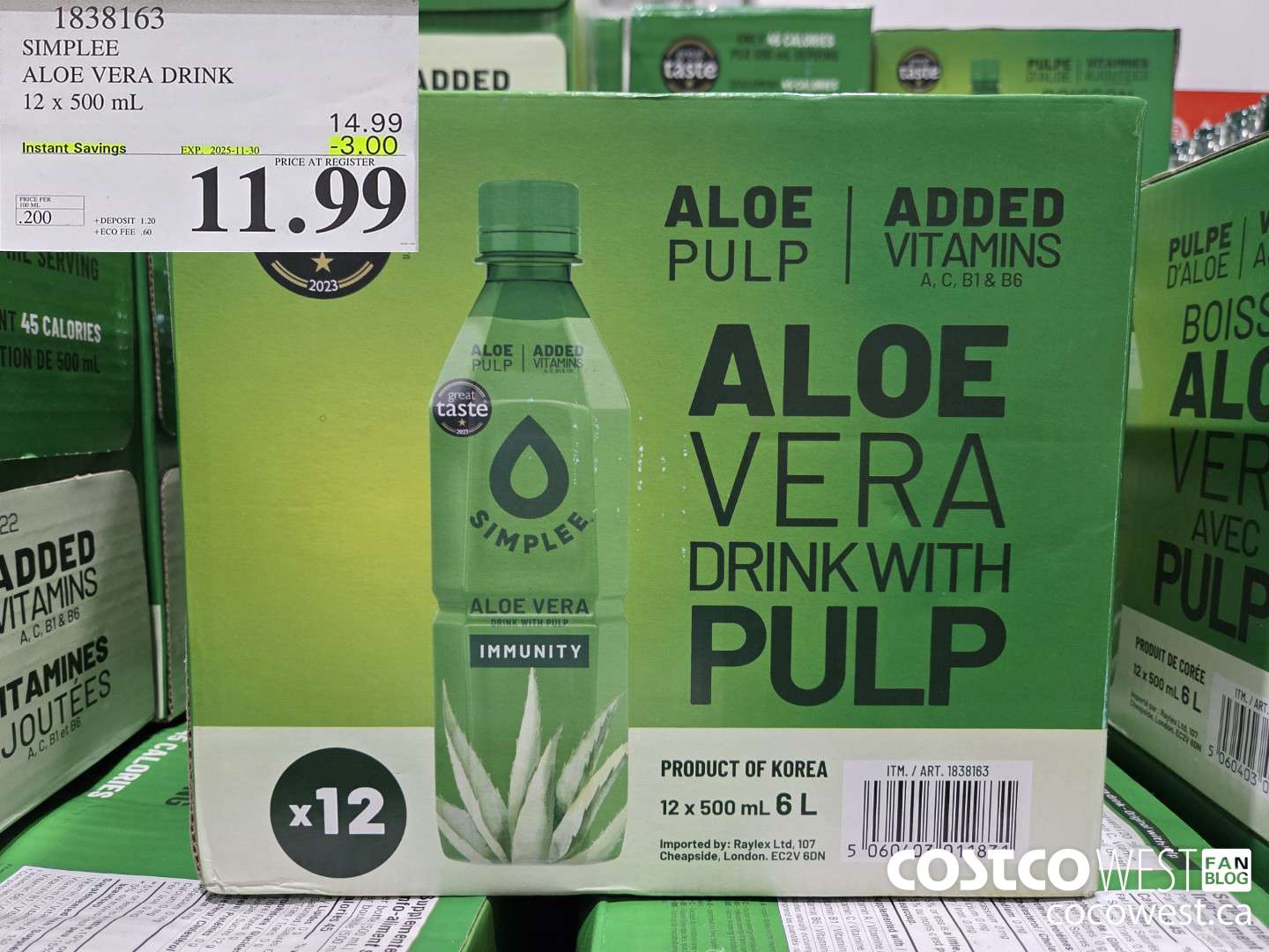 1838163 SIMPLEE ALOE VERA DRINK 12 X 500ML ($3.00 INSTANT SAVINGS EXPIRES ON 2025-11-30) $11.99