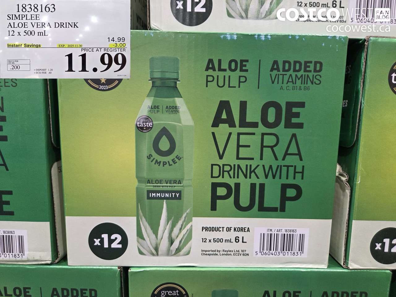 1838163 SIMPLEE ALOE VERA DRINK 12 X 500ML ($3.00 INSTANT SAVINGS EXPIRES ON 2025-11-30) $11.99