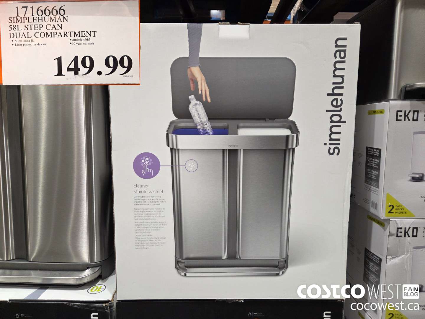 1716666 SIMPLEHUMAN 58L STEP CAN DUAL COMPARTMENT $149.99