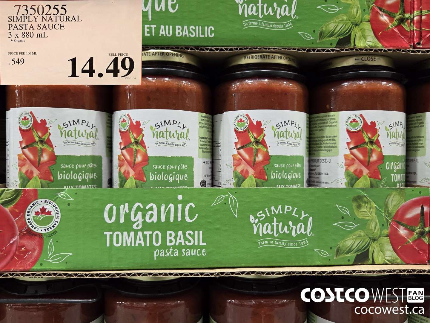 7350255 SIMPLY NATURAL PASTA SAUCE 3 x 880 mL $14.49