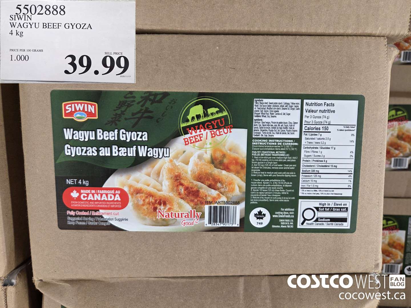 5502888 SIWIN WAGYU BEEF GYOZA 4 kg $39.99