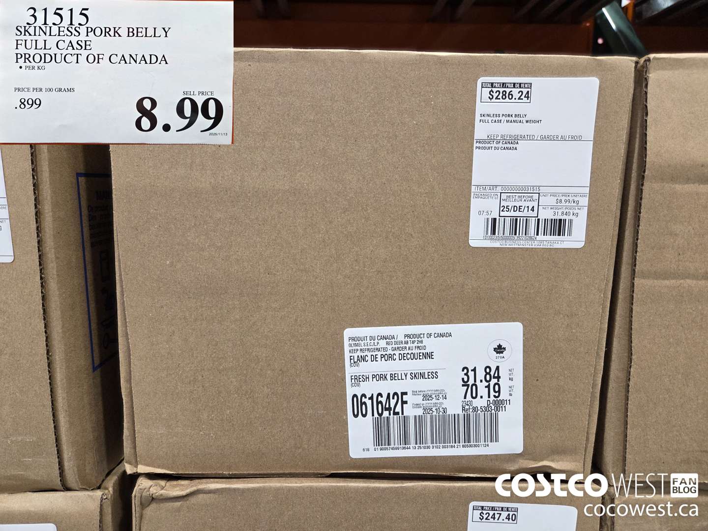 31515 SKINLESS PORK BELLY FULL CASE PRODUCT OF CANADA $8.99