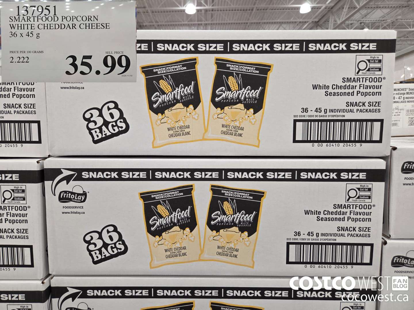 137951 SMARTFOOD POPCORN WHITE CHEDDAR CHEESE 36 x 45 g $35.99