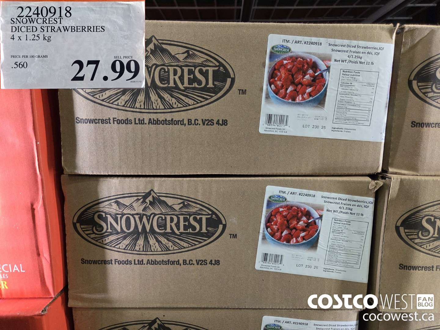 2240918 SNOWCREST DICED STRAWBERRIES 4 x 1.25 kg $27.99