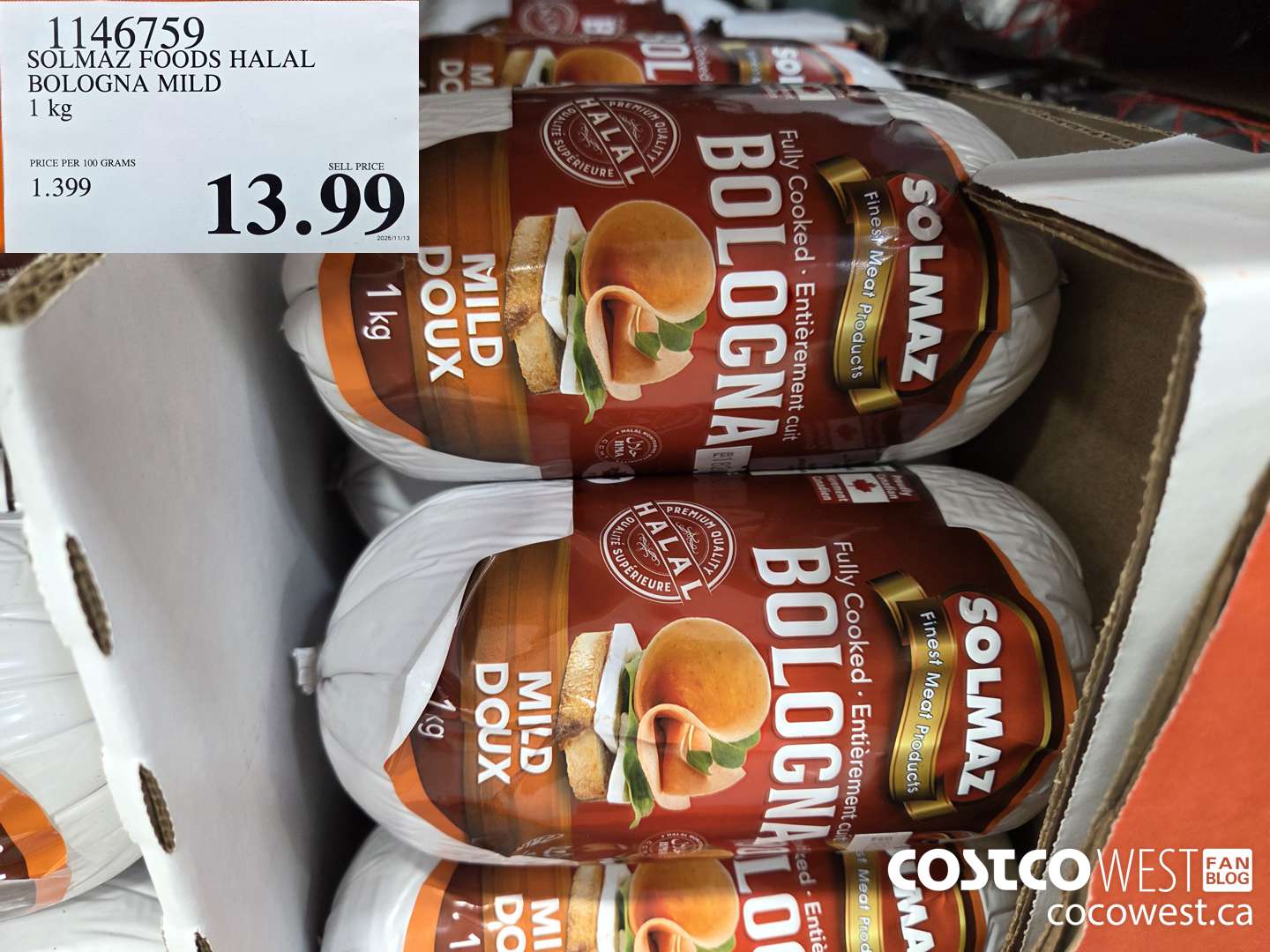 1146759 SOLMAZ FOODS HALAL BOLOGNA MILD 1 kg $13.99