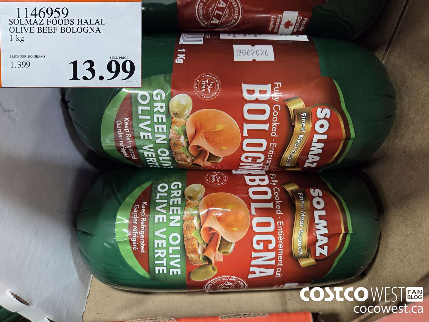 1146959 SOLMAZ FOODS HALAL OLIVE BEEF BOLOGNA 1 kg $13.99