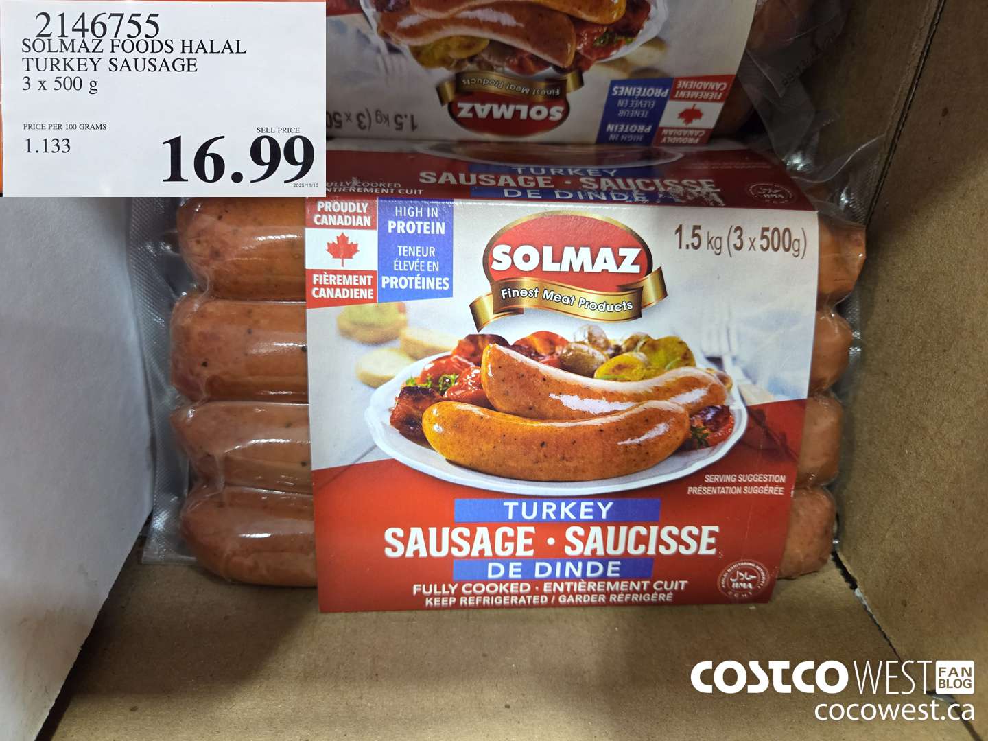 2146755 SOLMAZ FOODS HALAL TURKEY SAUSAGE 3 x 500 g $16.99