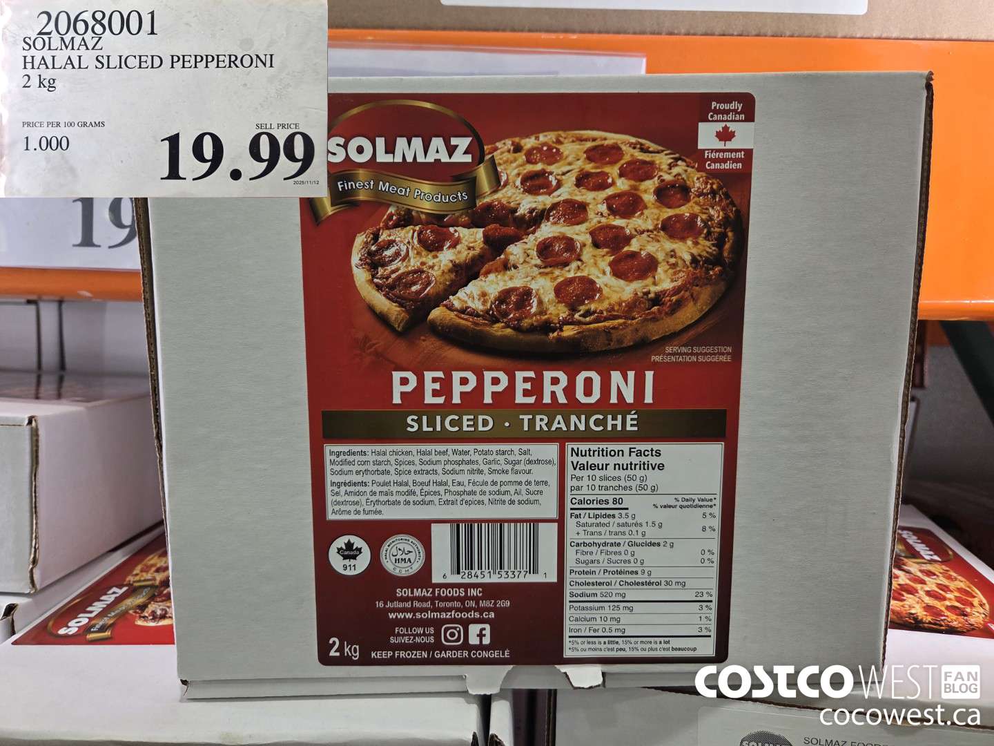 2068001 SOLMAZ HALAL SLICED PEPPERONI 2 kg $19.99