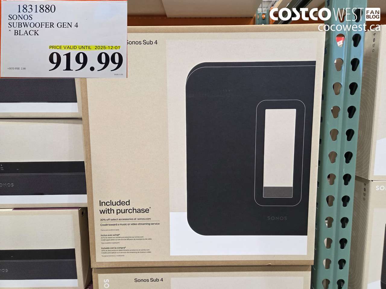 1831880 SONOS SUBWOOFER GEN 4 BLACK 2025-11-02 (EXPIRES ON 2025-12-01) $919.99