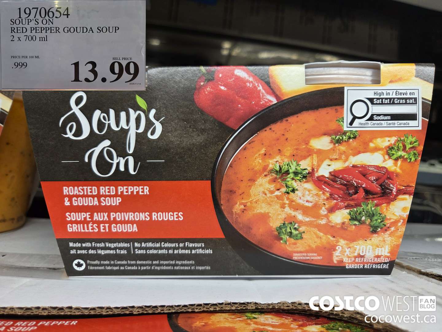 1970654 SOUP'S ON RED PEPPER GOUDA SOUP 2 X 700ML $13.99