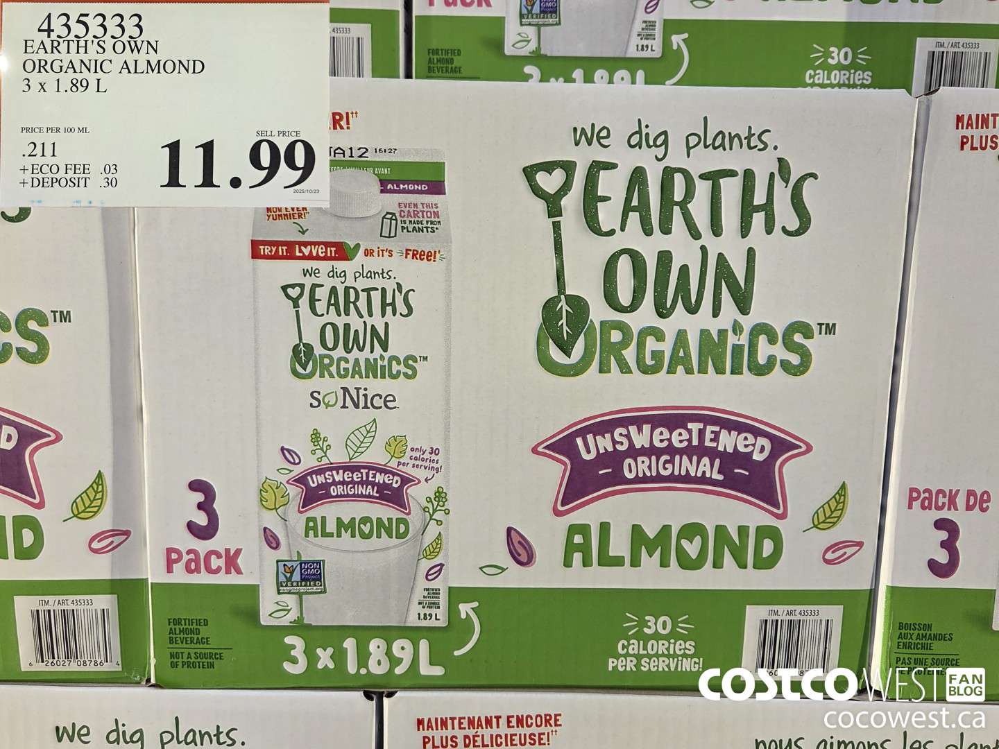 435333 SO NICE ORGANIC ALMOND UNSWEET 3 x 1.89 L $11.99