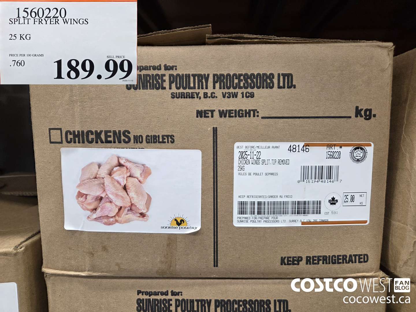 1560220 SPLIT FRYER WINGS 25 KG $189.99