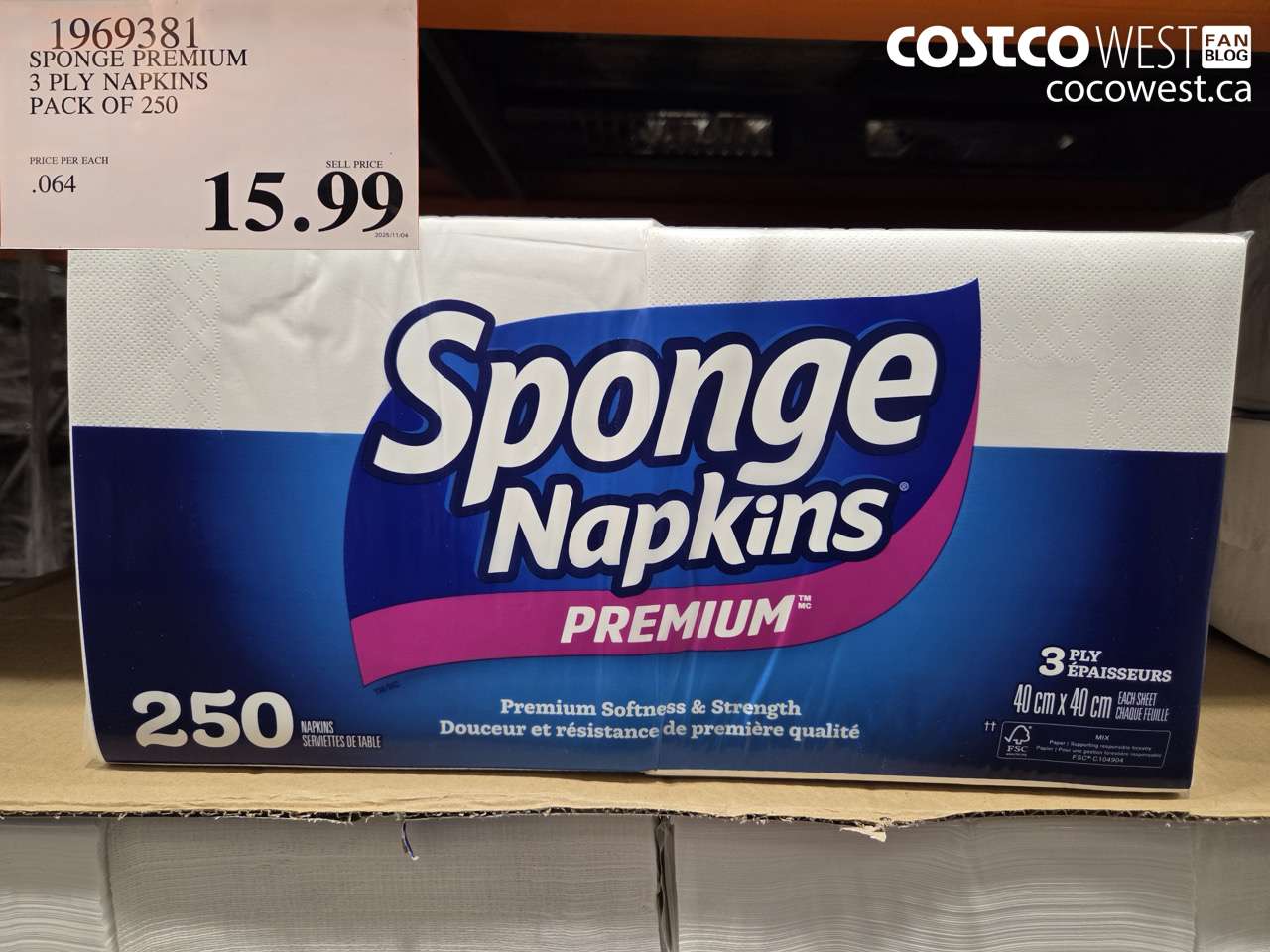 1969381 SPONGE PREMIUM 3 PLY NAPKINS PACK OF 250 $15.99
