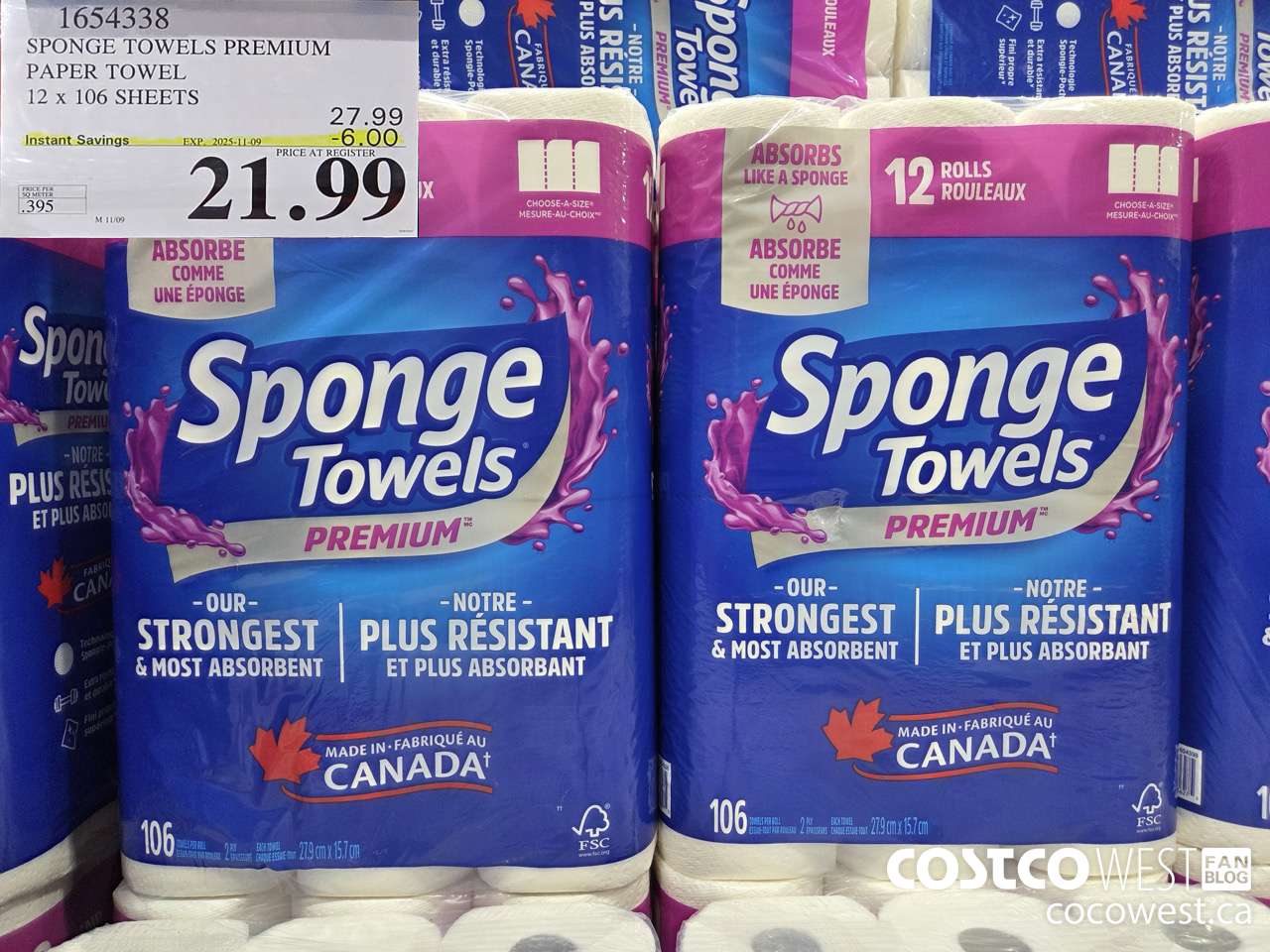 1654338 SPONGE TOWELS PREMIUM PAPER TOWEL 12 X 106 SHEETS ($6.00 INSTANT SAVINGS EXPIRES ON 2025-11-09) $21.99