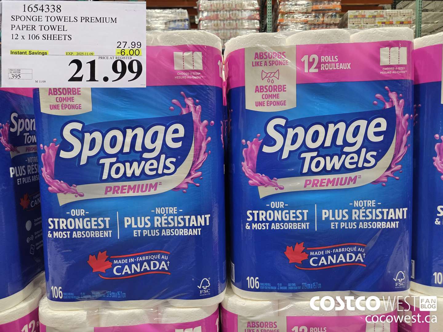 1654338 SPONGE TOWELS PREMIUM PAPER TOWEL 12 X 106 SHEETS ($6.00 INSTANT SAVINGS EXPIRES ON 2025-11-09) $21.99