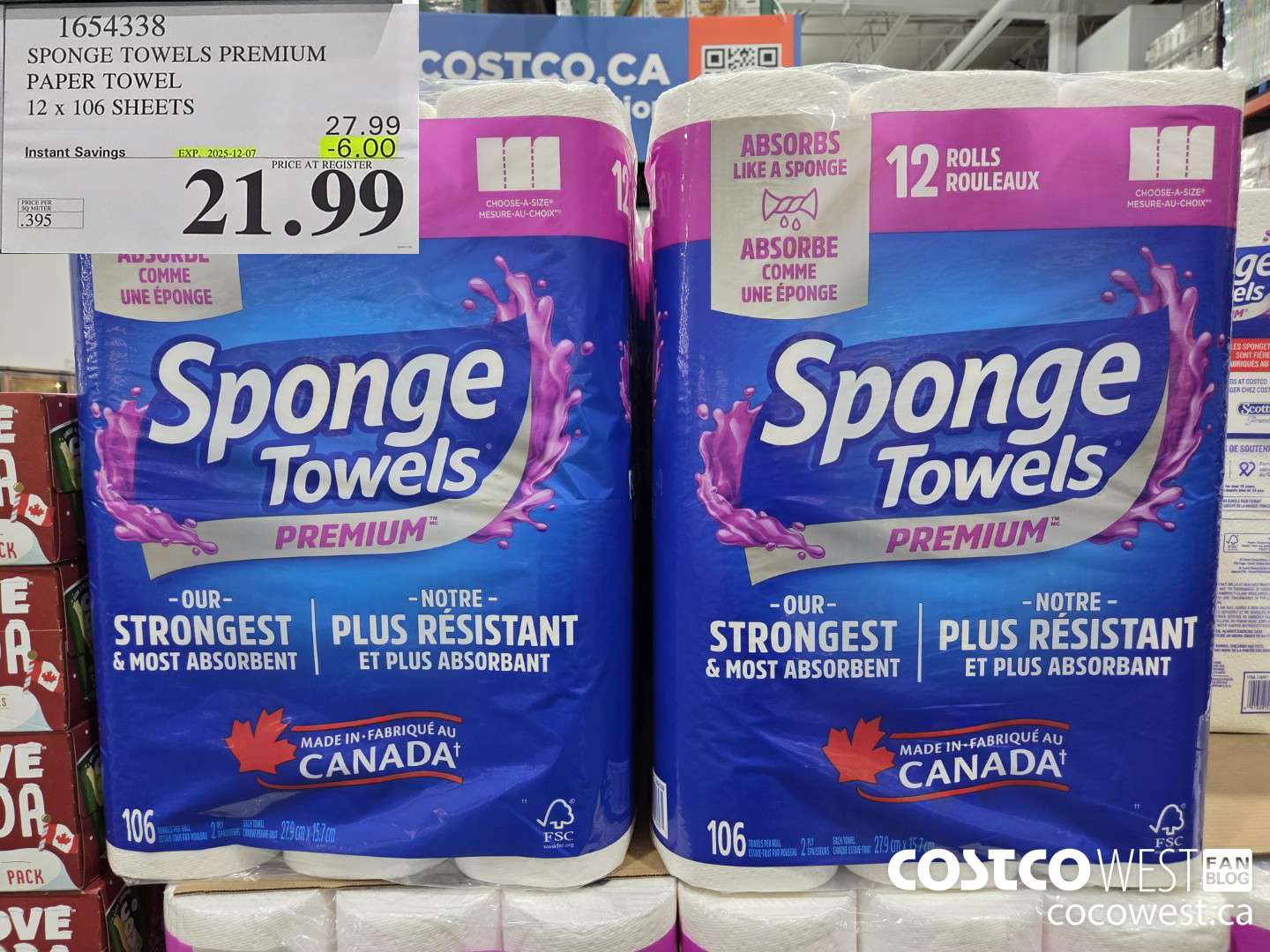 1654338 SPONGE TOWELS PREMIUM PAPER TOWEL 12 X 106 SHEETS ($6.00 INSTANT SAVINGS EXPIRES ON 2025-12-07) $21.99