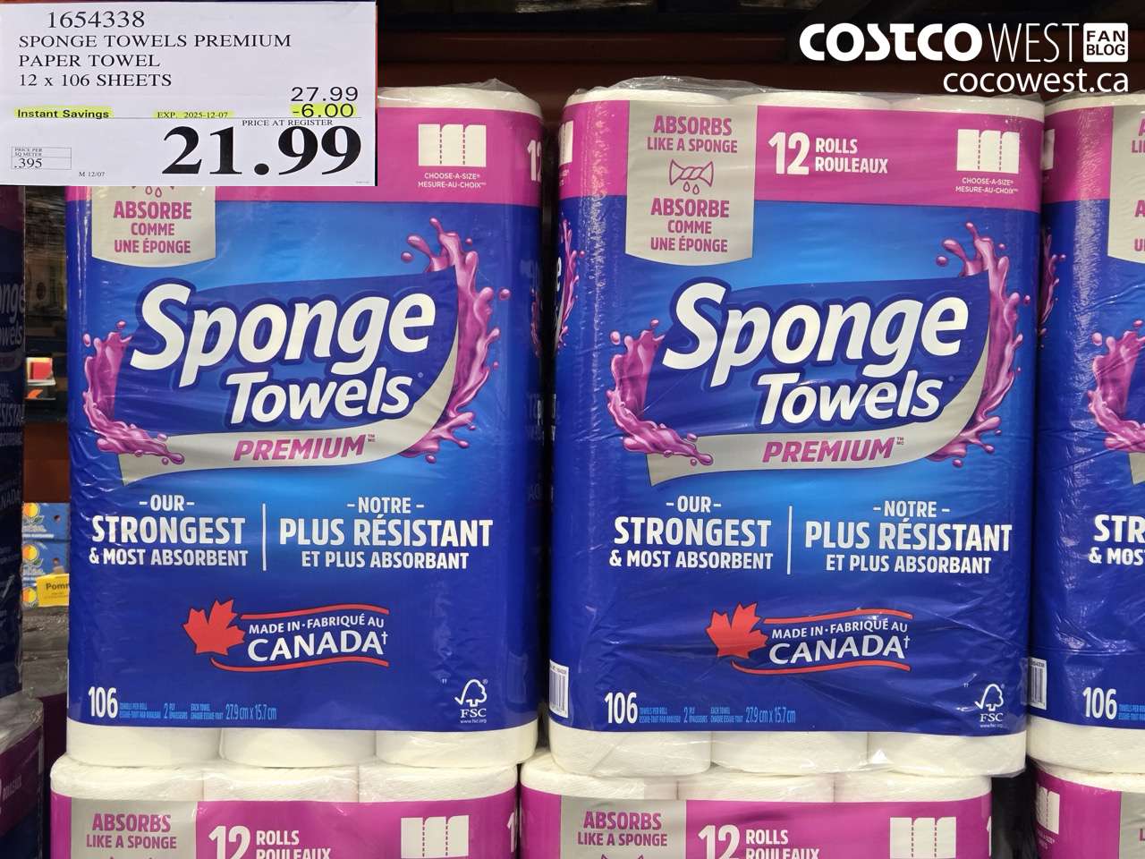 1654338 SPONGE TOWELS PREMIUM PAPER TOWEL 12 X 106 SHEETS ($6.00 INSTANT SAVINGS EXPIRES ON 2025-12-07) $21.99