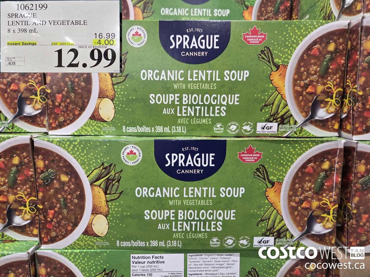 1062199 SPRAGUE ORGANIC LENTIL & VEG SOUP 8 X 398 ML ($4.00 INSTANT SAVINGS EXPIRES ON 2025-11-23) $12.99