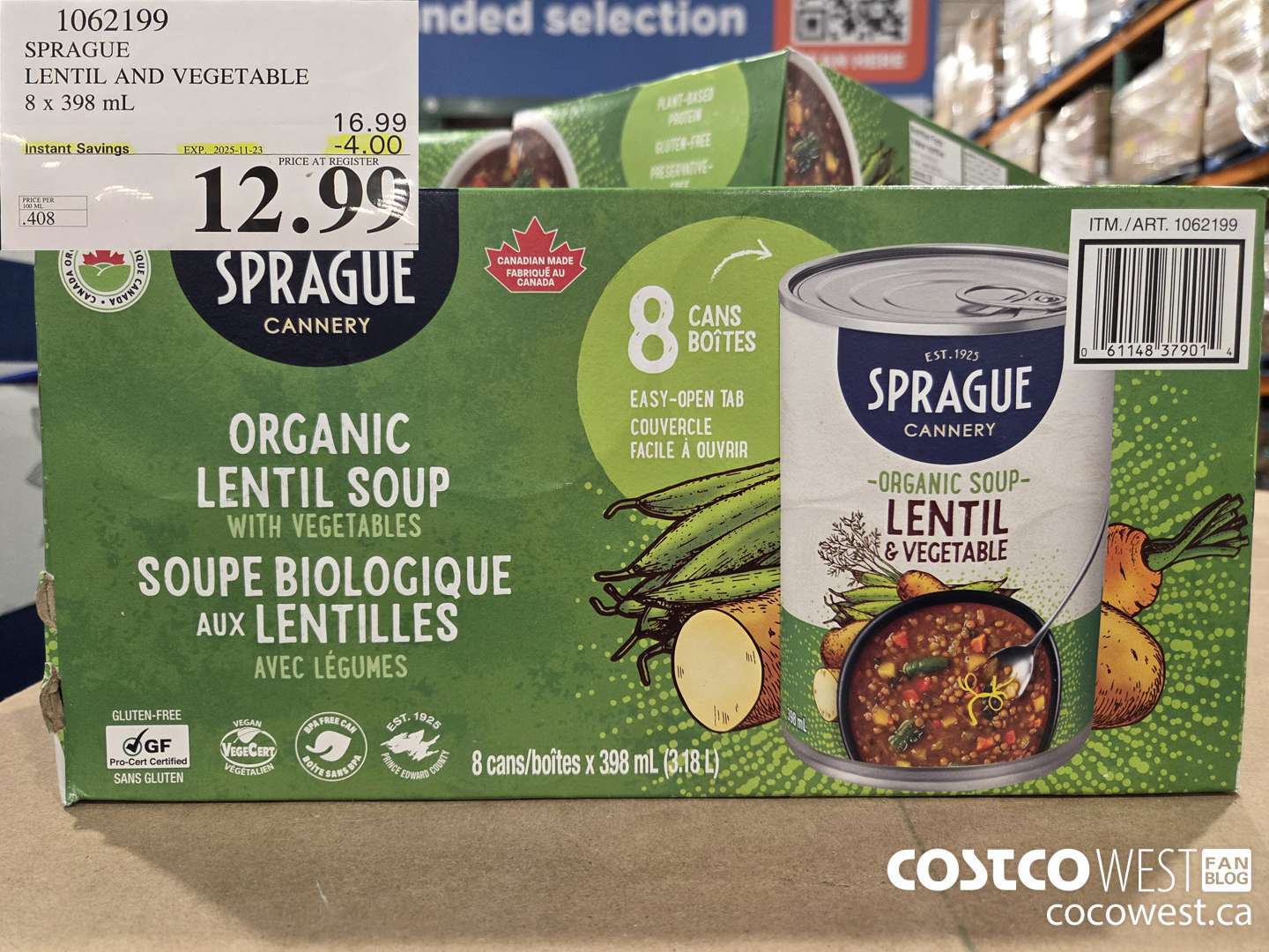 1062199 SPRAGUE ORGANIC LENTIL & VEG SOUP 8 X 398 ML ($4.00 INSTANT SAVINGS EXPIRES ON 2025-11-23) $12.99