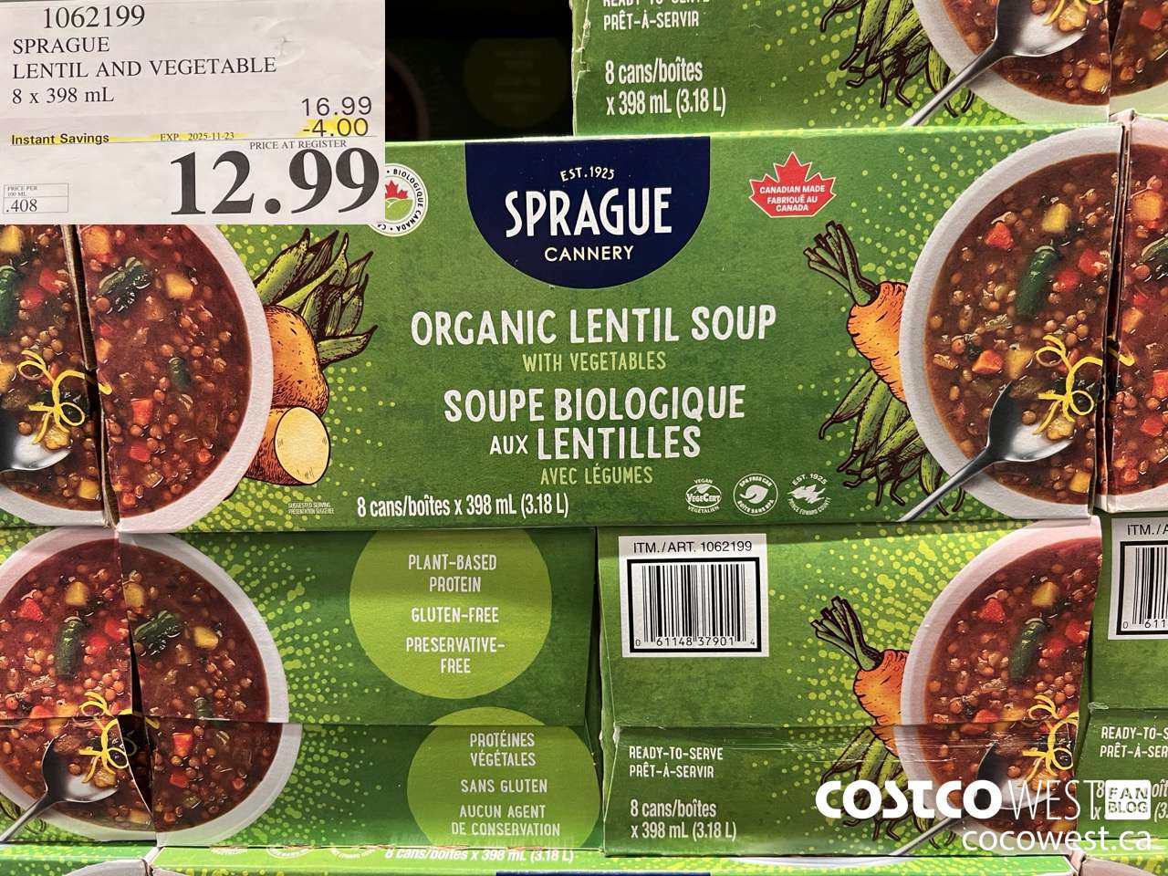 1062199 SPRAGUE ORGANIC LENTIL & VEG SOUP 8 X 398 ML ($4.00 INSTANT SAVINGS EXPIRES ON 2025-11-23) $12.99