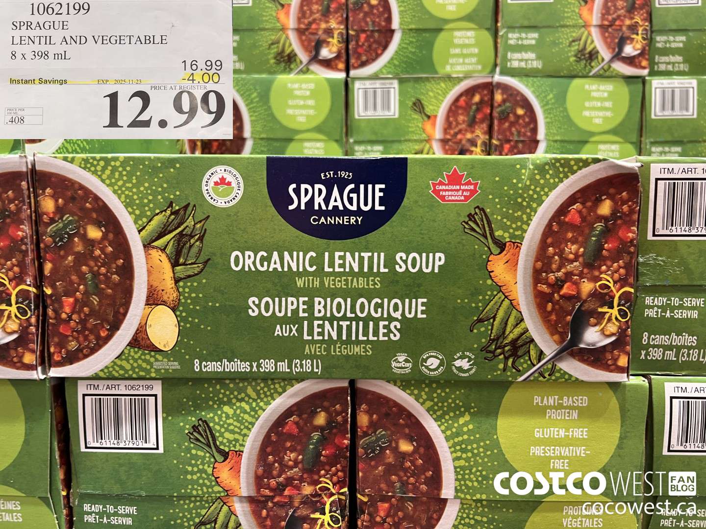 1062199 SPRAGUE ORGANIC LENTIL & VEG SOUP 8 X 398 ML ($4.00 INSTANT SAVINGS EXPIRES ON 2025-11-23) $12.99